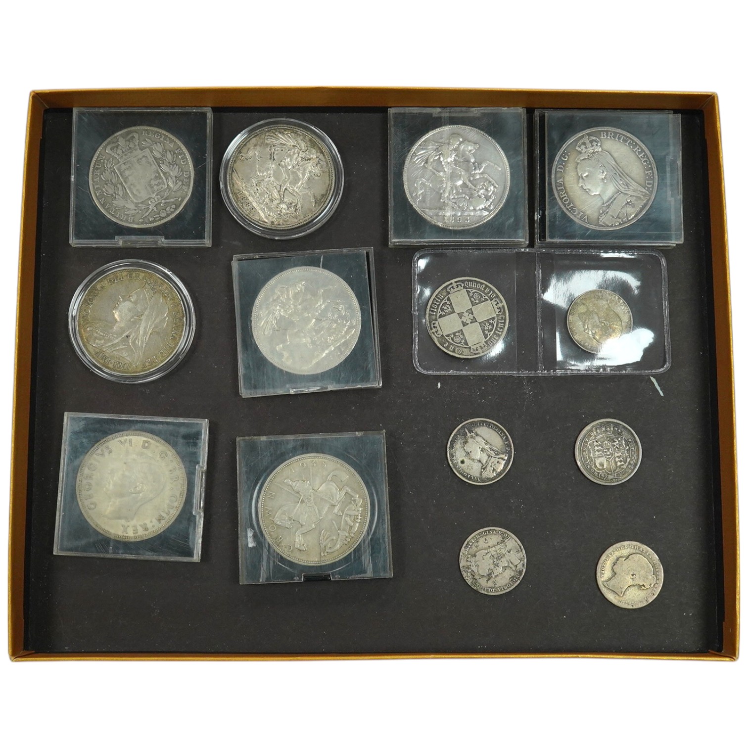 British silver coins, five Victoria crowns, 1844 VG, 1889 about EF, 1889 Fine, 1893 VG, 1895 near VF, 1902 shilling, good VF, four various shillings, 1873 Gothic florin, three later crowns, 1935 about EF, 1937 EF and 195